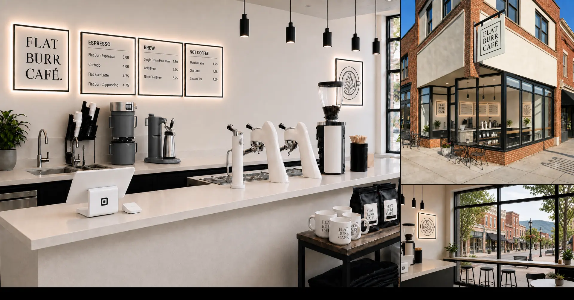 Flat Burr Café — interior bar, espresso setup, and downtown Blacksburg storefront